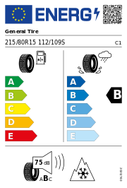 General Tire Grabber AT3 3PMSF FR 215/80 R15 112/109SS Ganzjahr – EU-Reifenlabel