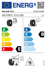 General Tire Grabber AT3 3PMSF FR OWL 265/70 R17 121/118SS Ganzjahr – EU-Reifenlabel