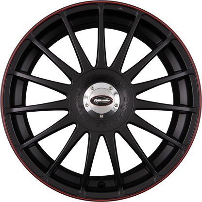 Team Dynamics Monza RS Racing-Black + Felgenhorn in Rot 7.5x18 Zoll ET25 LK 4x98 ML73.1