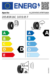 Apollo Altrust+ 205/65R16C 107/105T Sommer – EU-Reifenlabel