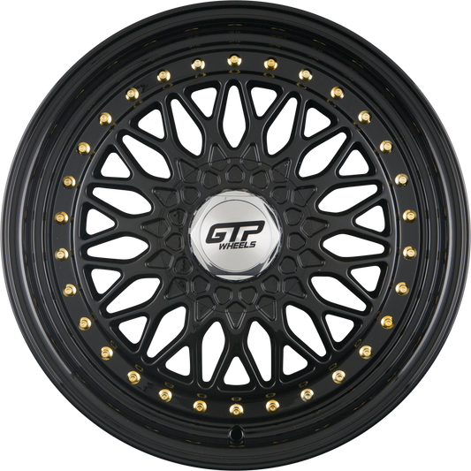 GTP 040 Schwarz Goldene Zierschrauben Alufelge 7.5x17 Zoll ET30 LK 4x100 ML57.1